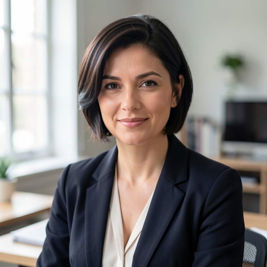 Portrait of a woman with short dark hair at an editorial desk, natural window light from the left
